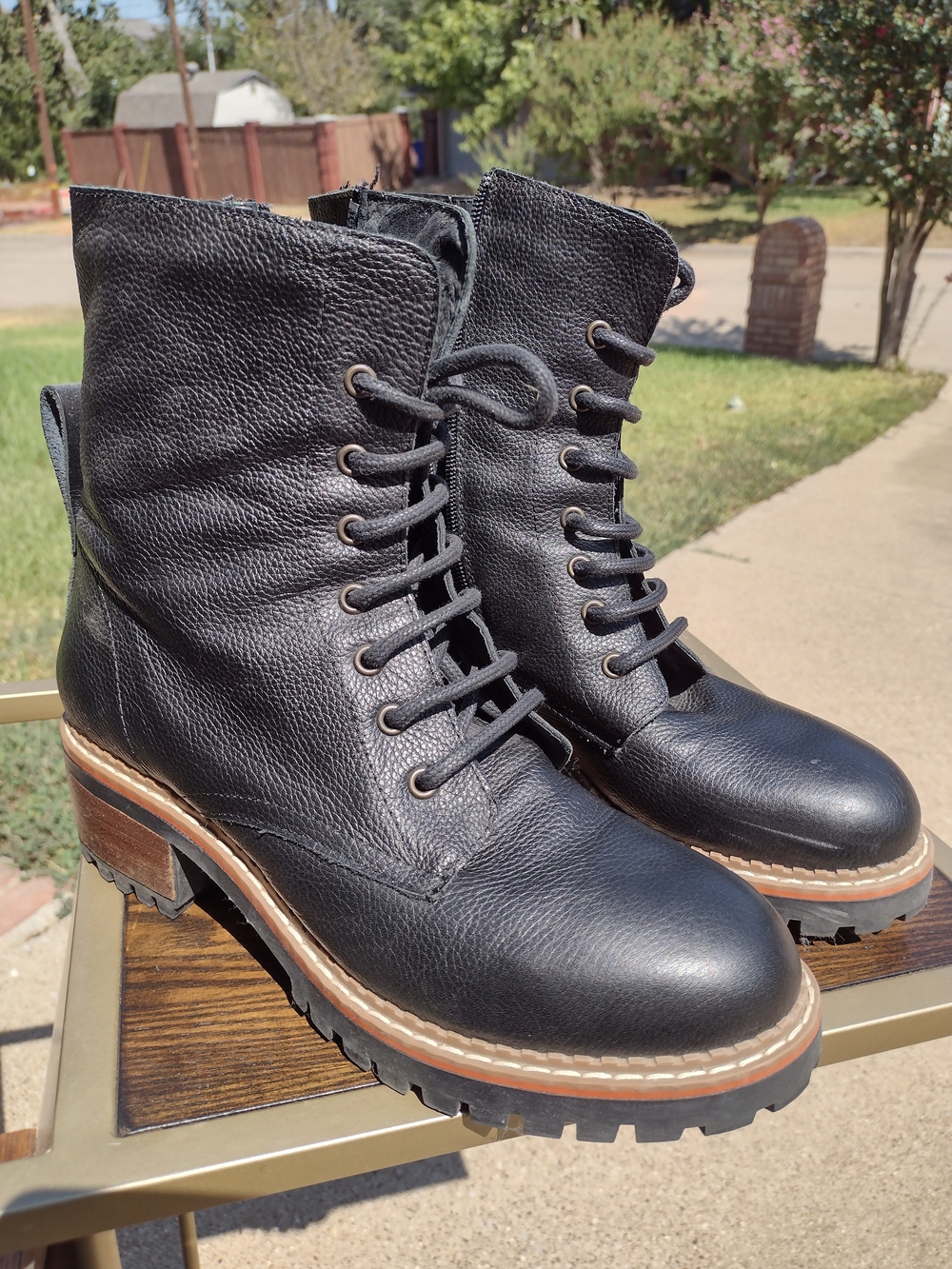 Black Leather Lace-Up Combat Boots - Women